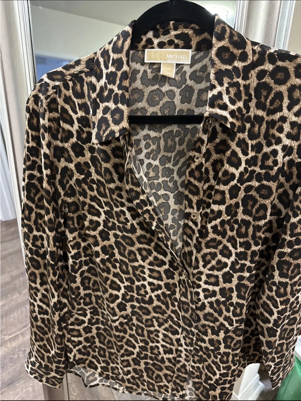 MICHAEL Michael Kors Leopard Print Button-Up Blouse - Brown/Black- Size Medium - Picture 3 of 7